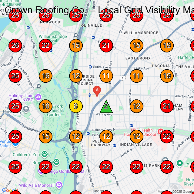 Crown Roofing Co. GeoGrid visibility map for Roofing Contractor in Bronx